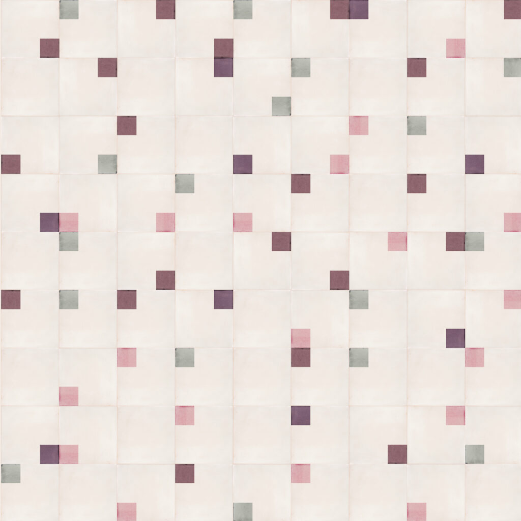 Smink Studio Scattered Showers tiles: cream handmade tiles with small screen-printed squares in plum, pink and grey.