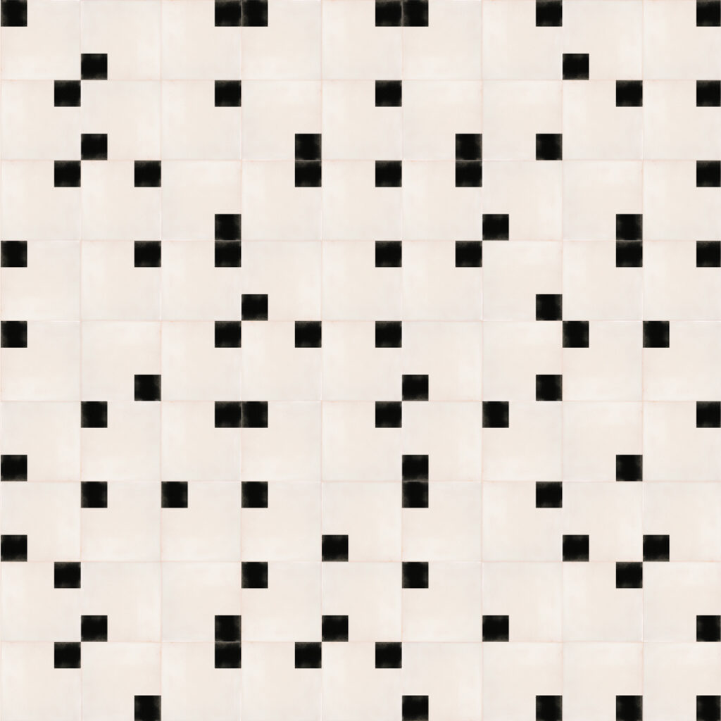 Smink Studio Scattered Showers tiles: white glazed ceramic tiles with small black screen-printed squares at random.