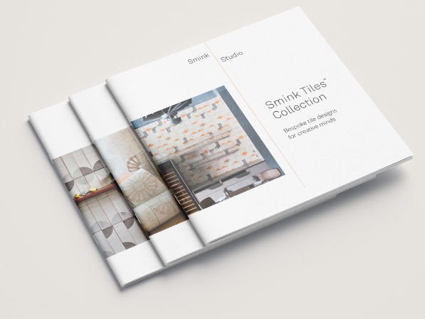 Printed brochure for the Smink Tiles Collection, showing interiors with screen-printed handmade tiles on its cover.