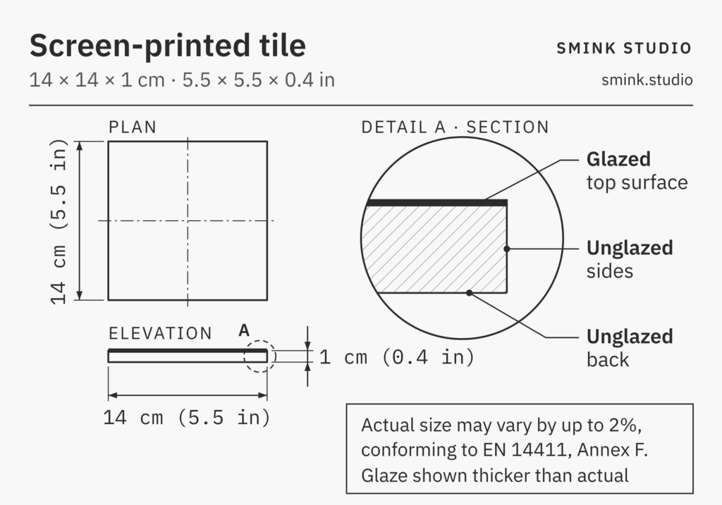 Technical drawing of a 14 × 14 × 1 cm screen-printed tile: the top surface is glazed, the sides and back are unglazed.