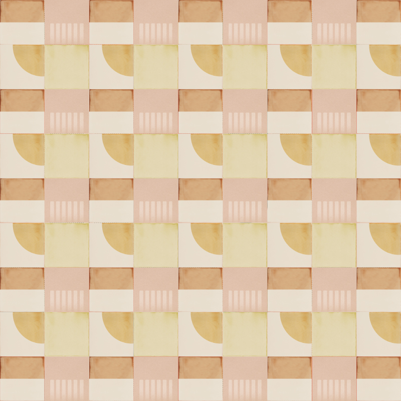 Pattern of Smink Studio Mid Mod Shapes screen-printed tiles in mustard, peach, blush and cream, with half-circle and stripe motifs.