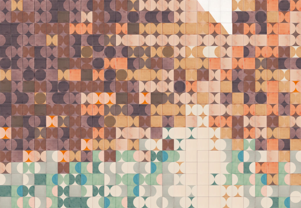 Design rendering of a Smink Studio screen-printed tile mural for the Biennale project, with half-circle tiles shading from plum and terracotta to sage and cream.
