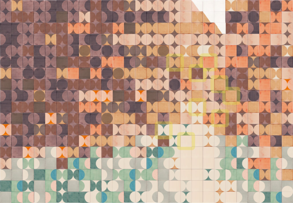 Layout rendering of the Smink Studio Biennale mural with highlighted tile positions, using handmade screen-printed tiles in plum, peach, sage and cream.