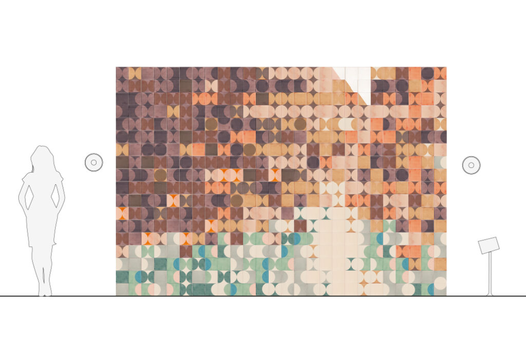 Elevation drawing of the Smink Studio Biennale tile wall with a human figure for scale: a screen-printed ceramic tile mural fading from plum to sage.
