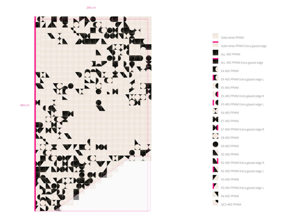 Elevation drawing and tile list for a black and white Smink Studio screen-printed tile wall designed for Imraum Design.