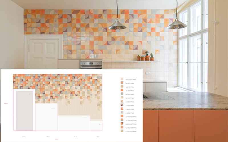 A Smink Studio tile layout drawing shown over a photograph of the finished kitchen wall, with the plan and its colour key beside completed tiling in orange, apricot and cream above terracotta cabinets.