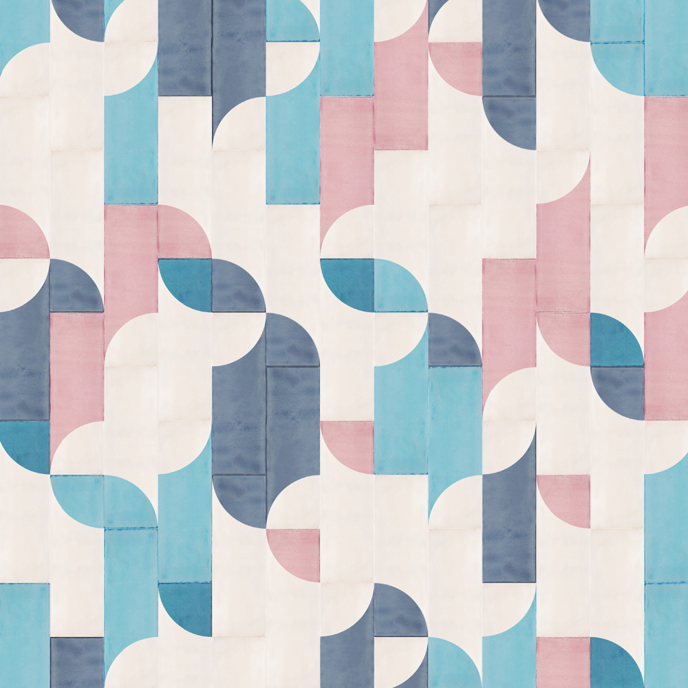 Smink Studio handmade tiles in pink, blush, teal and navy with half-circles and rectangles stacked into vertical stems, from the Bamboo forest design.