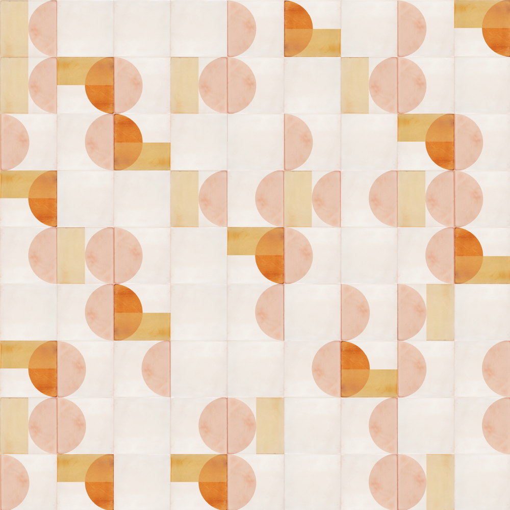 Smink Studio handmade tiles in cream scattered with apricot, orange and mustard half-circles and small rectangles, from the A final curtain call design.