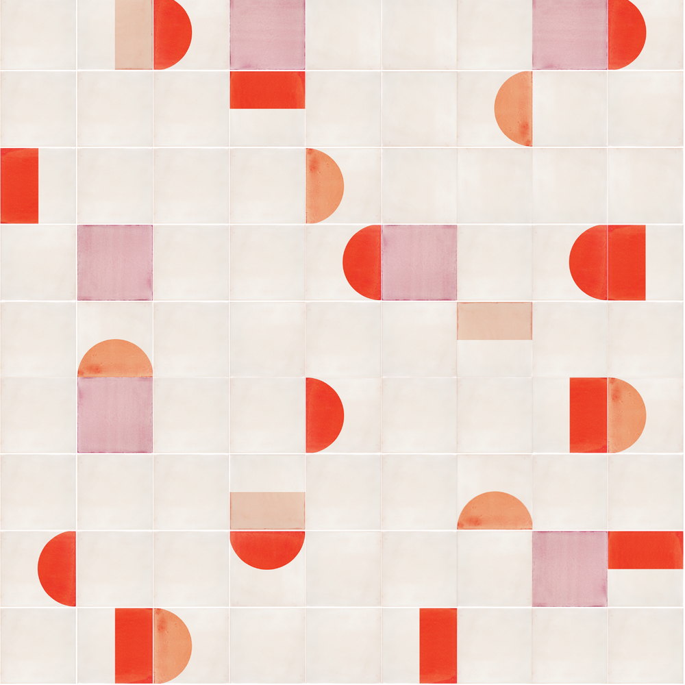 Smink Studio handmade tiles in cream scattered with red, orange and pink half-circles, squares and small rectangles, from the Poppy and joyful design.