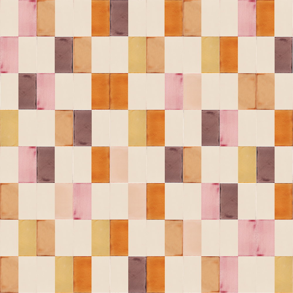 Smink Studio handmade tiles in orange, ochre, pink and plum laid in a brick pattern on cream, from the Beginner knitting pattern design.