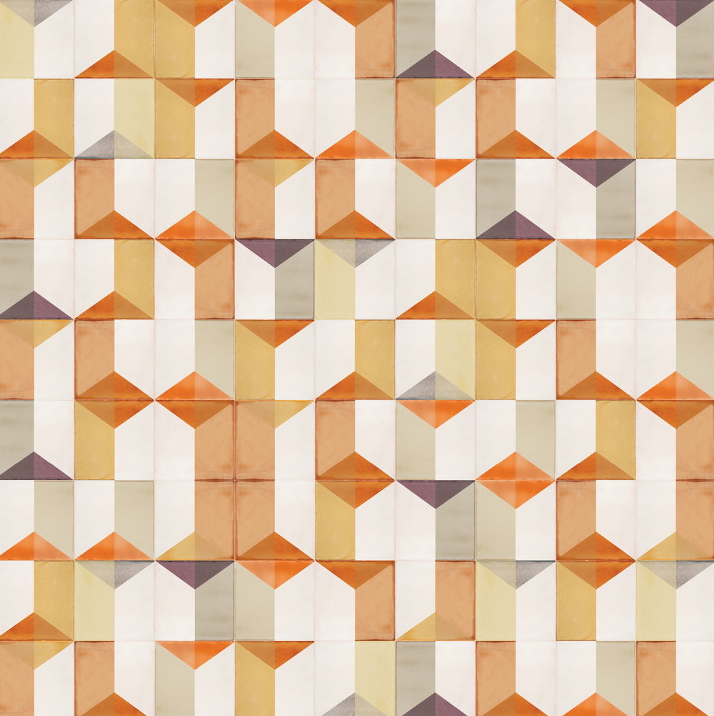 Smink Studio handmade tiles screen-printed with triangles in orange, ochre and plum on cream, forming a run of pitched rooflines, from the Suburban rooftops design.