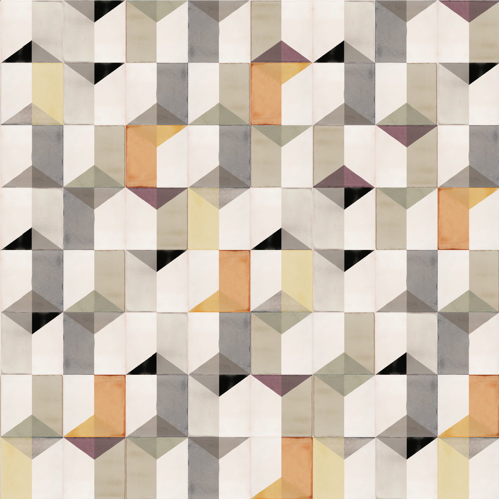 Smink Studio handmade tiles screen-printed with grey, black and ochre triangles on cream, a cooler colourway of the Suburban rooftops design.