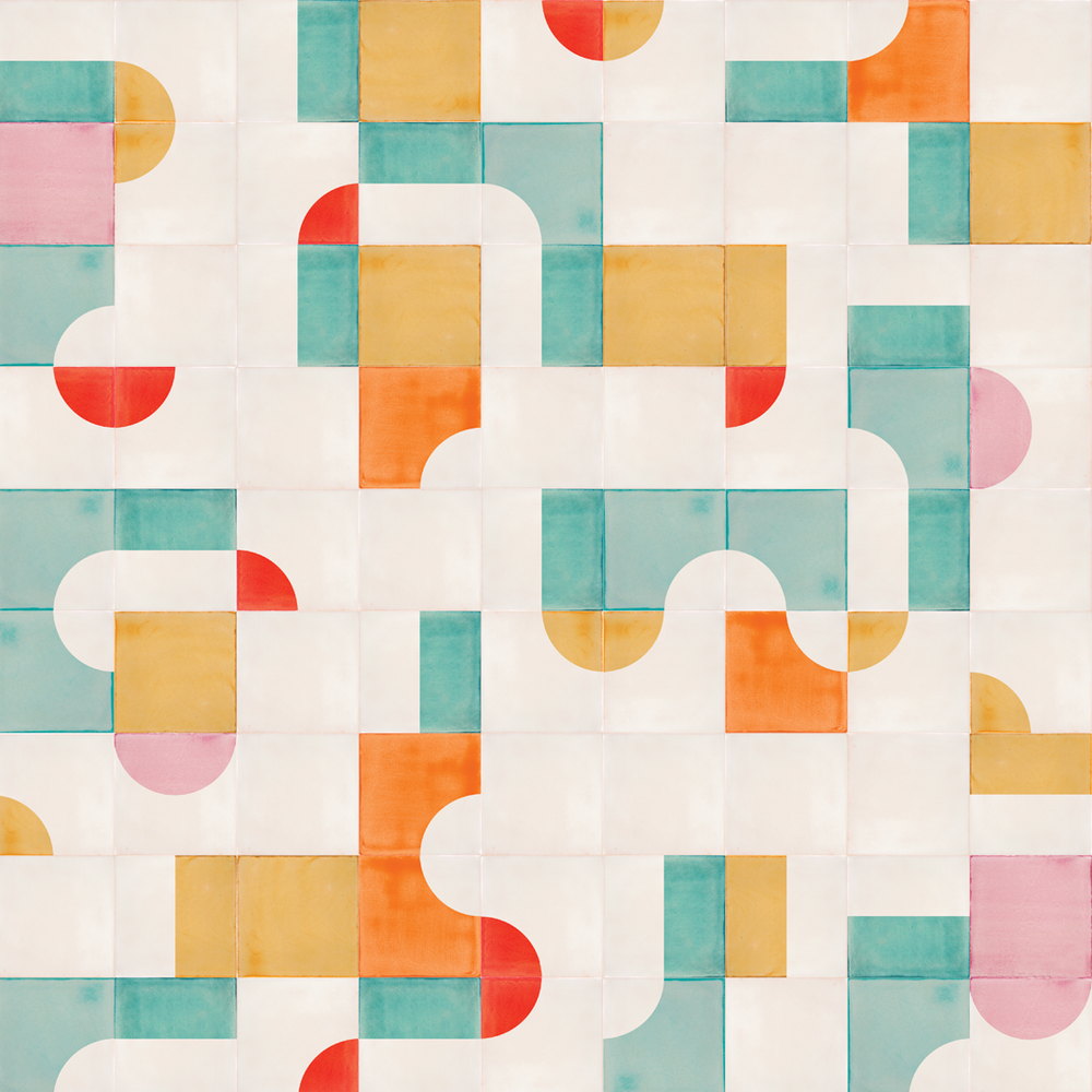 Smink Studio handmade tiles in cream with teal, orange, mustard and red blocks and quarter-circles forming a winding path, from the Circus boards design.