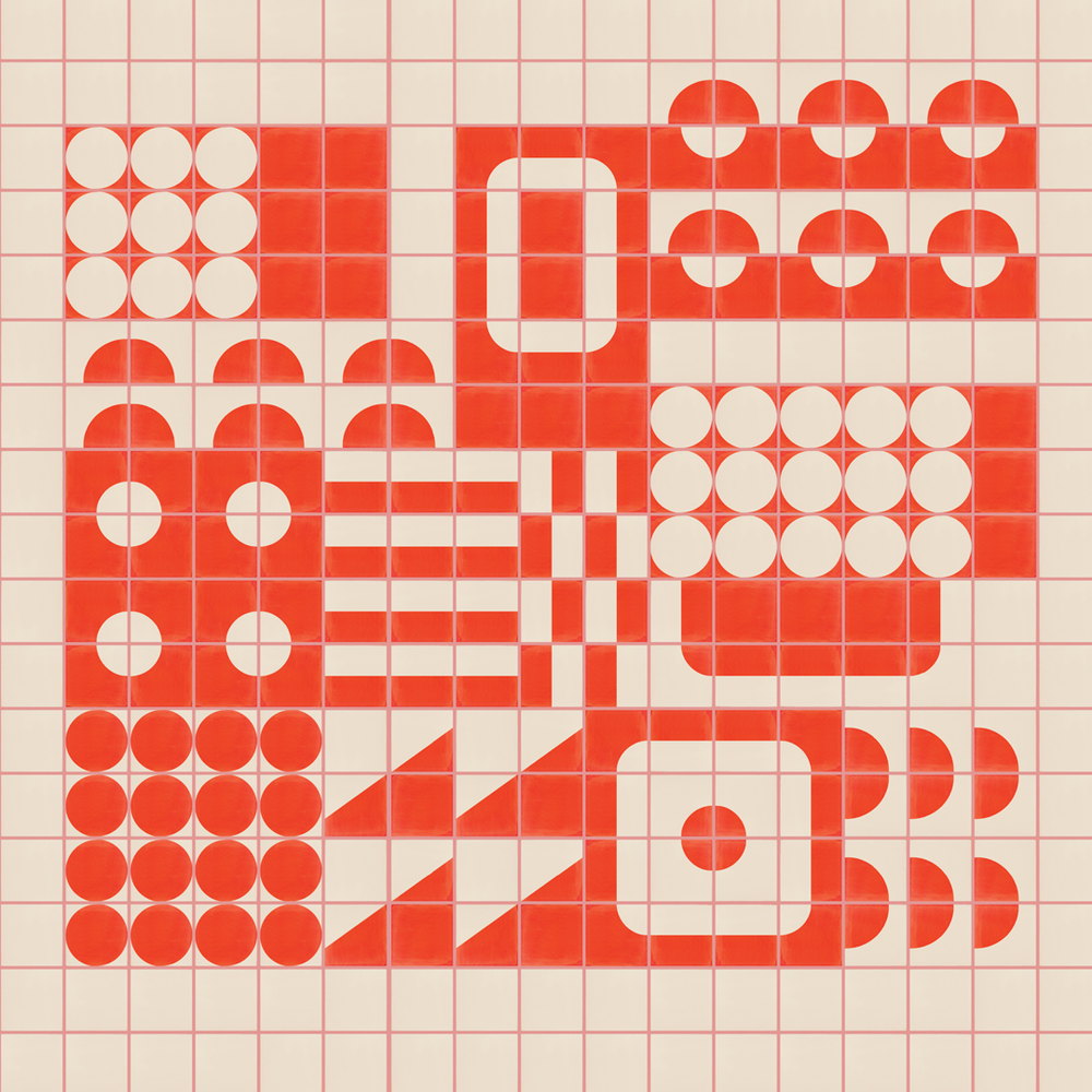Layout drawing for the Smink Studio Bauhaus posters design, with red circles, bars and rounded rectangles set out over a tile grid on cream.
