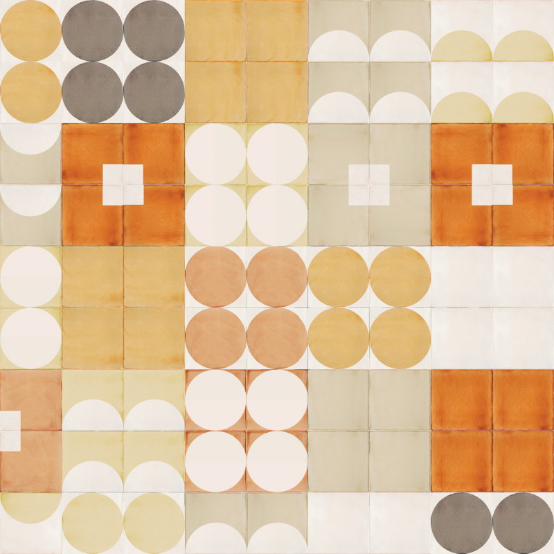 Smink Studio handmade tiles in mustard, grey, orange and sage green with large circles and small white squares, from the Bauhaus inspired design.