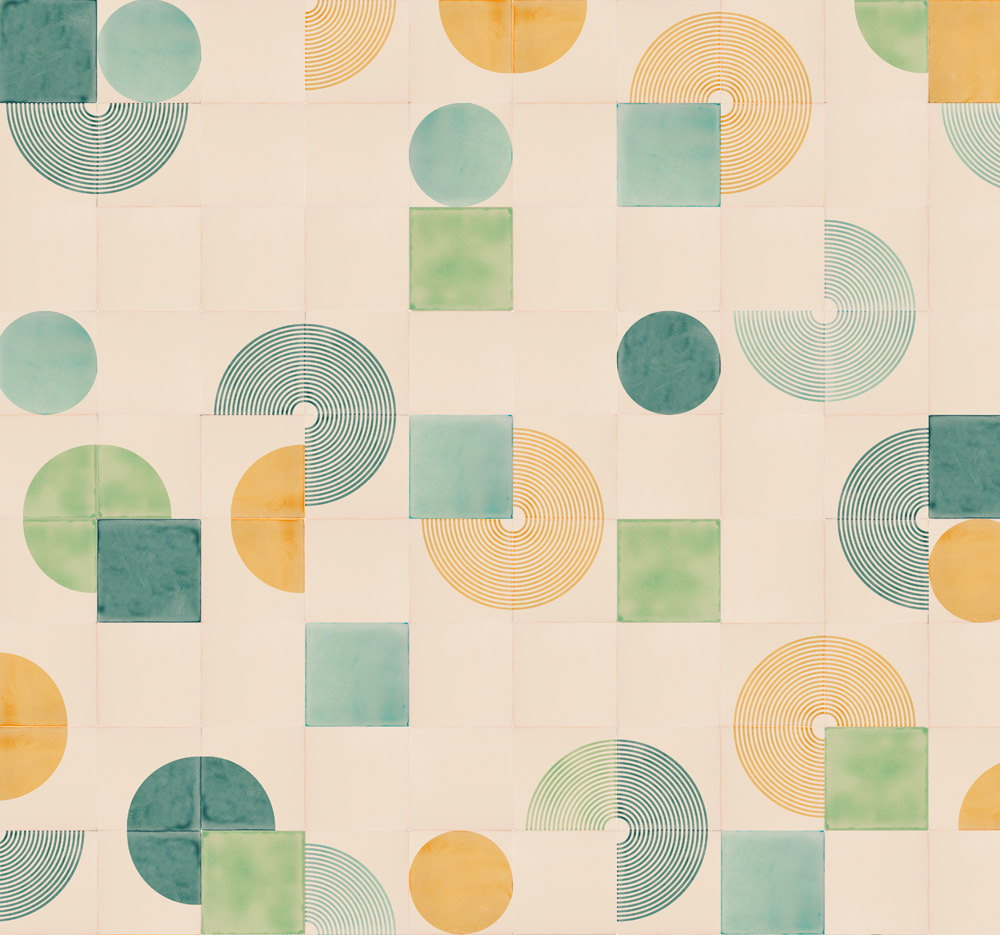 Smink Studio handmade tiles in cream scattered with teal and mustard circles, squares and fine concentric arcs, from the If you think of something interesting design.