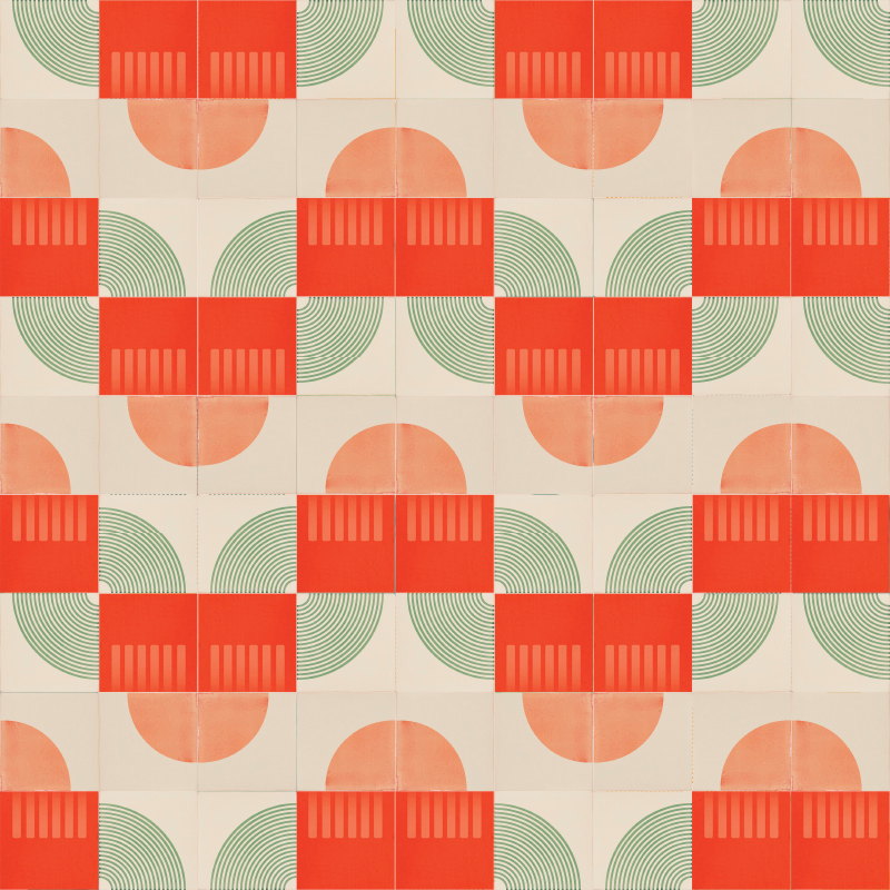 Smink Studio handmade tiles in red, sage green and coral with half-circles and finely lined rectangles in a checkerboard rhythm, from the Mid-century modern small shapes design.